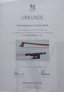 Sinfonima Instrumentenversicherung Musikinstrumentenversicherung Musikinstrument Instrument Police Versicherung Mannheimer Torsten Reidt Urkunde